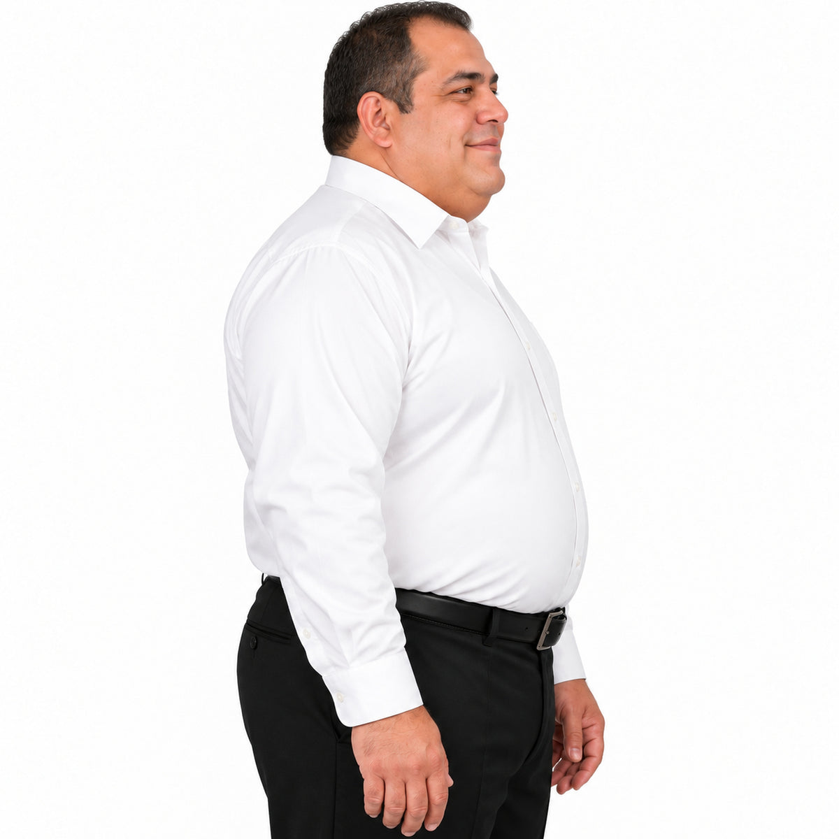 Camisa de vestir Rodolfo Valentini blanca para hombre, tallas extras 52 a 56, perfil derecho fajada | color:blanca-rodolfo