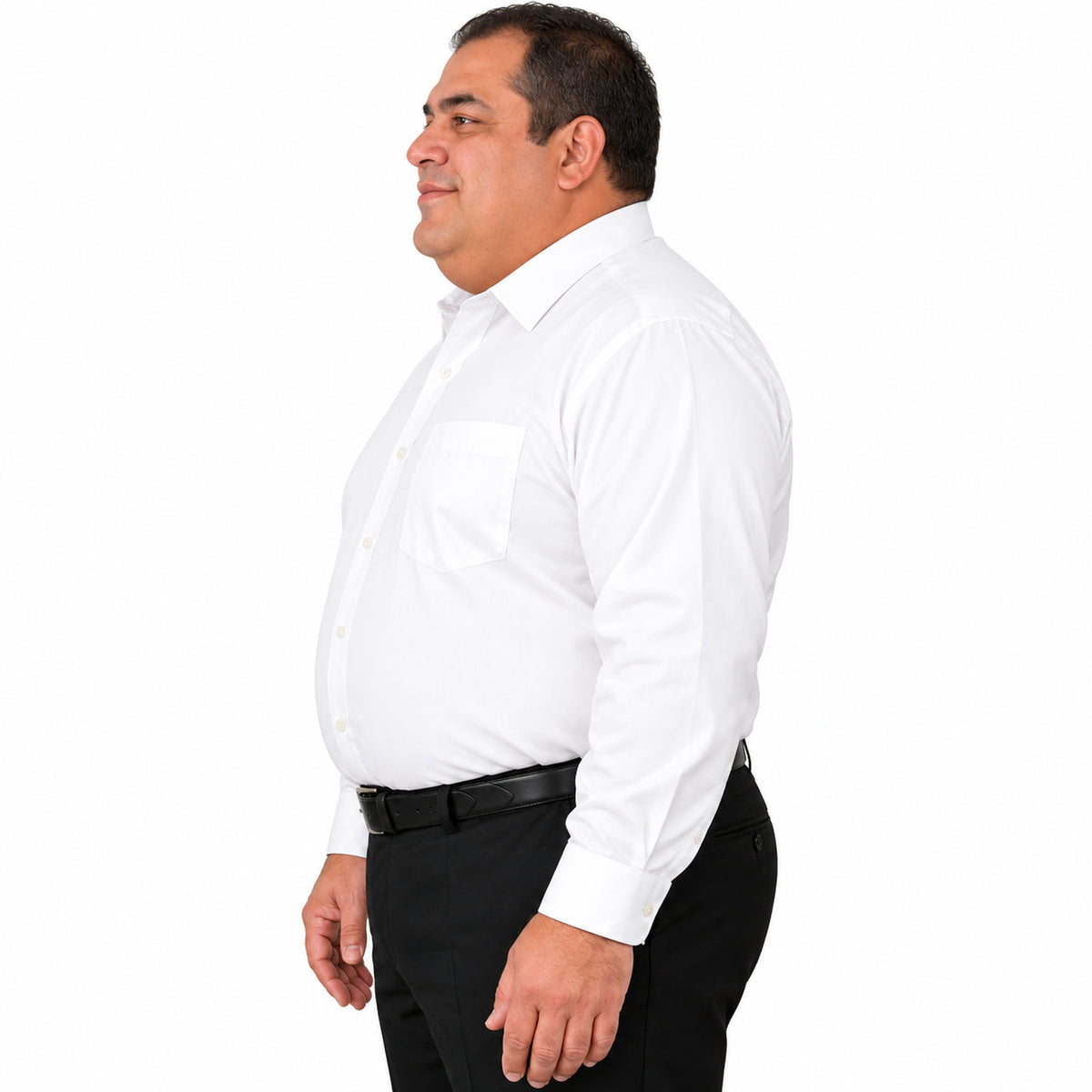 Camisa de vestir Rodolfo Valentini blanca para hombre, tallas extras 52 a 56, perfil izquierdo fajada con bolsillo | color:blanca-rodolfo