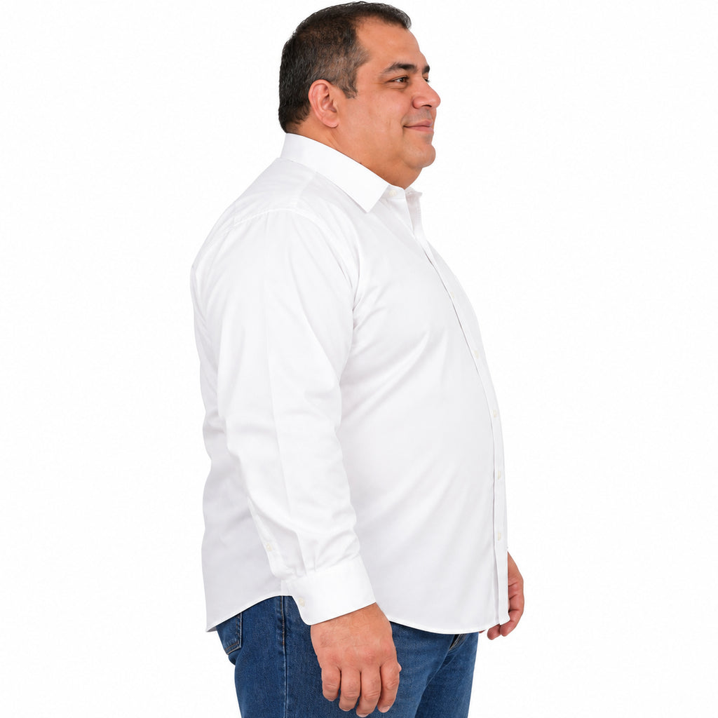 Camisa de vestir Rodolfo Valentini blanca para hombre, tallas extras 52 a 56, perfil derecho desfajada con mezclilla