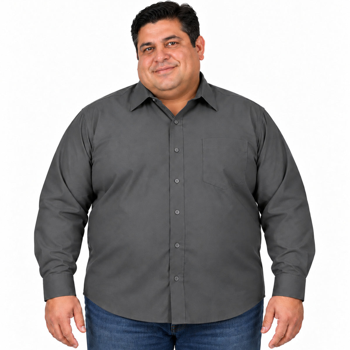Camisa de vestir Rodolfo Valentini gris Oxford para hombre, tallas extras 52 a 56, frontal desfajada con mezclilla | color:gris-oxford-rodolfo