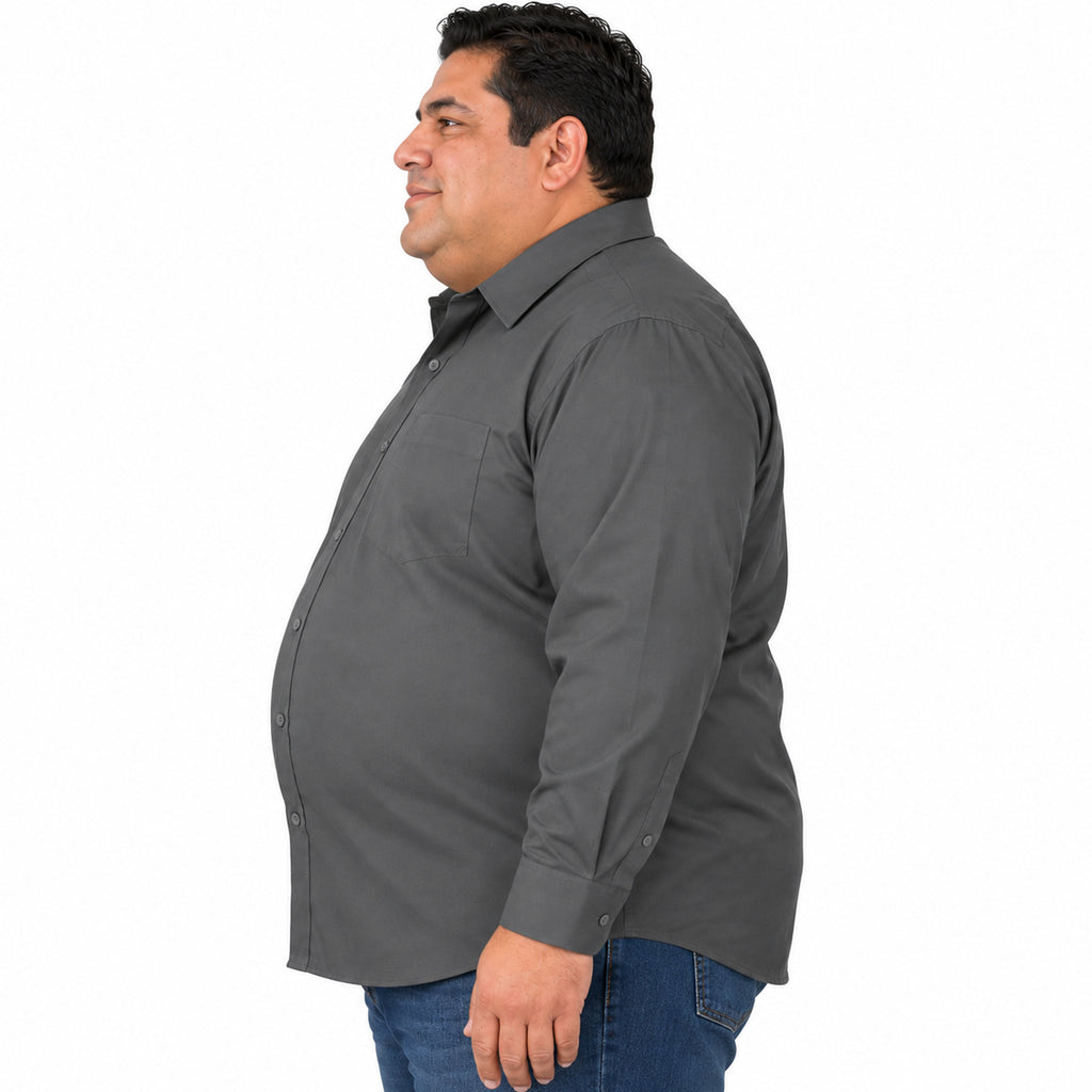 Camisa de vestir Rodolfo Valentini gris Oxford para hombre, tallas extras 52 a 56, perfil izquierdo desfajada con mezclilla