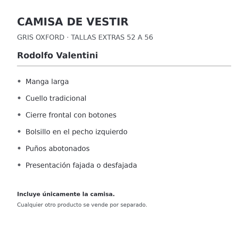 Camisa de vestir Rodolfo Valentini gris Oxford para hombre, tallas extras 52 a 56, ficha de características de manga, cuello y bolsillo