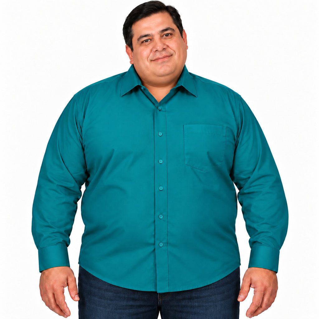 Camisa de vestir Rodolfo Valentini verde jade para hombre, tallas extras 52 a 56, frontal desfajada con mezclilla
