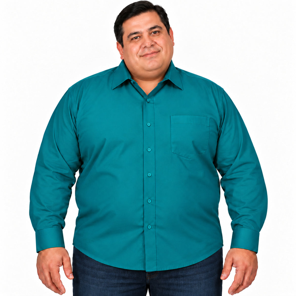 Camisa de vestir Rodolfo Valentini verde jade para hombre, tallas extras 52 a 56, frontal desfajada con mezclilla | color:jade-rodolfo