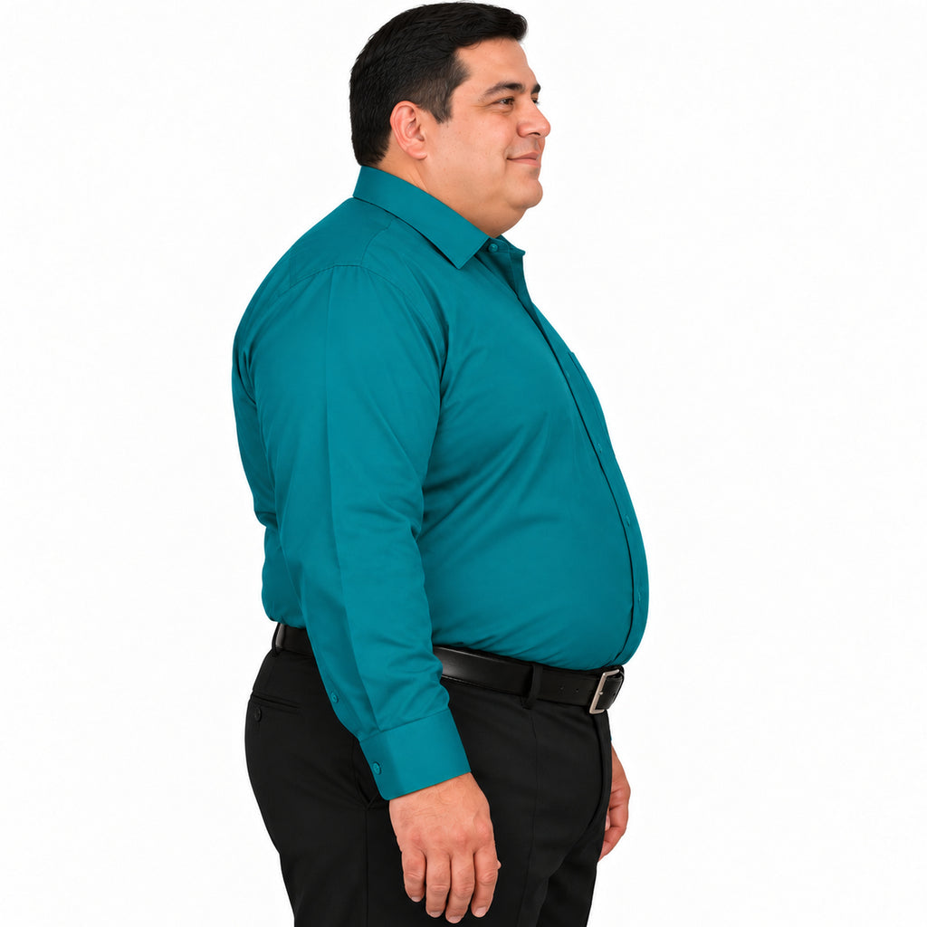 Camisa de vestir Rodolfo Valentini verde jade para hombre, tallas extras 52 a 56, perfil derecho fajada
