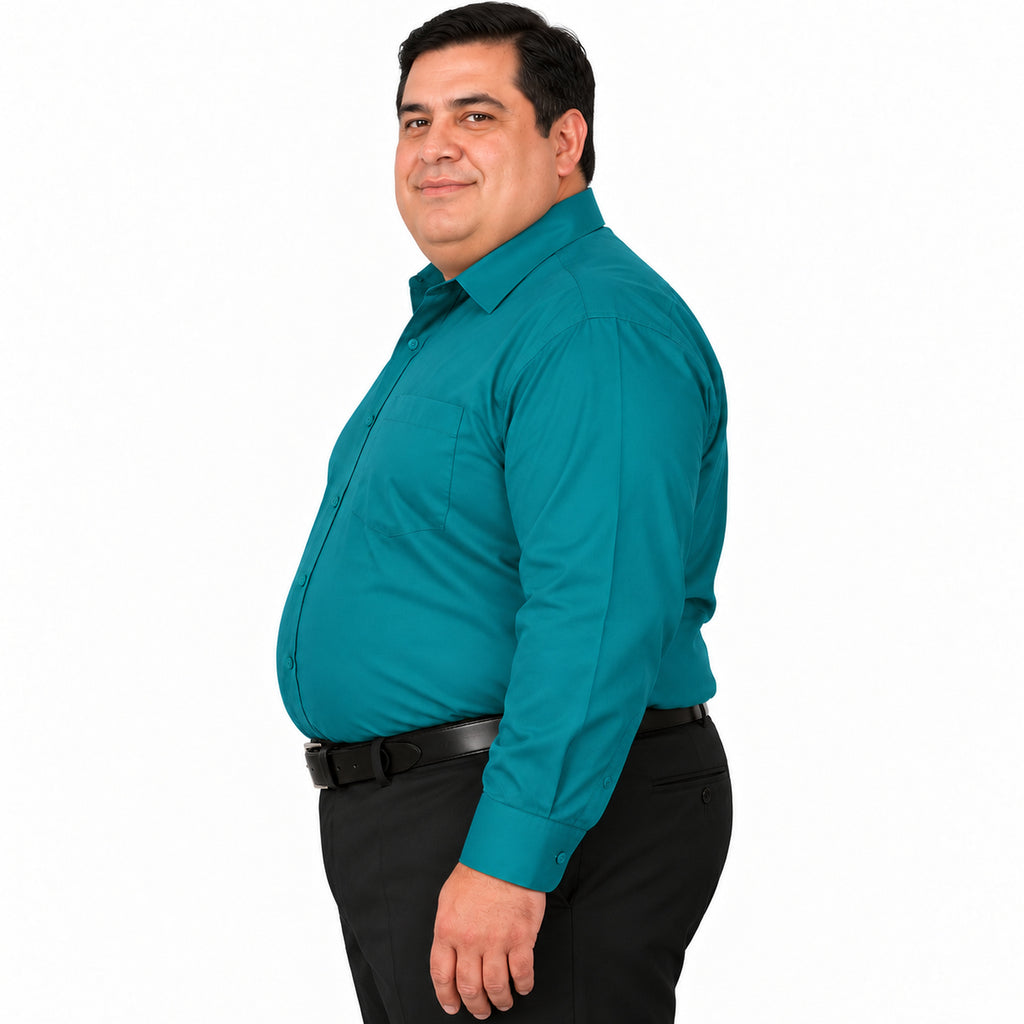 Camisa de vestir Rodolfo Valentini verde jade para hombre, tallas extras 52 a 56, perfil izquierdo fajada con bolsillo