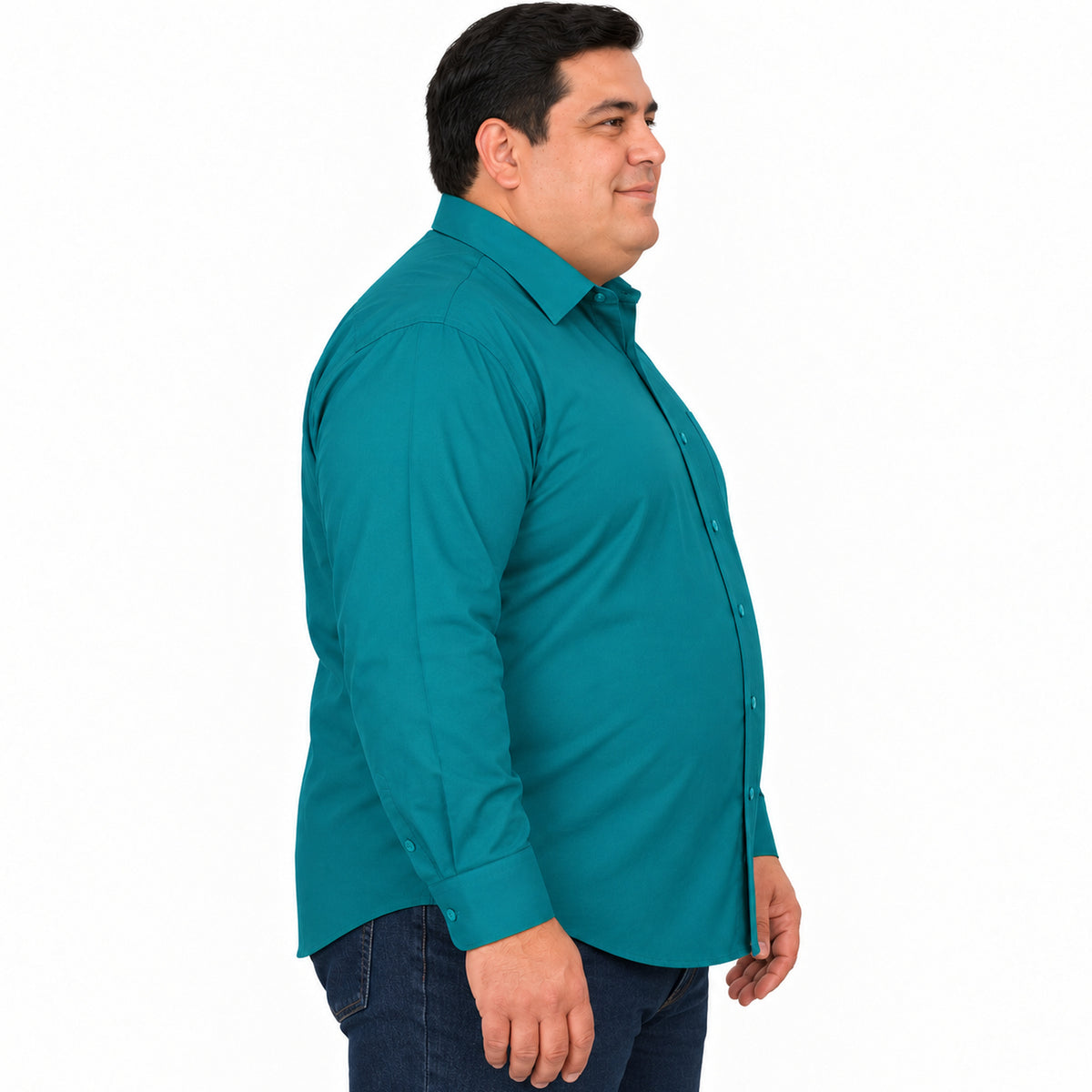 Camisa de vestir Rodolfo Valentini verde jade para hombre, tallas extras 52 a 56, perfil derecho desfajada con mezclilla | color:jade-rodolfo