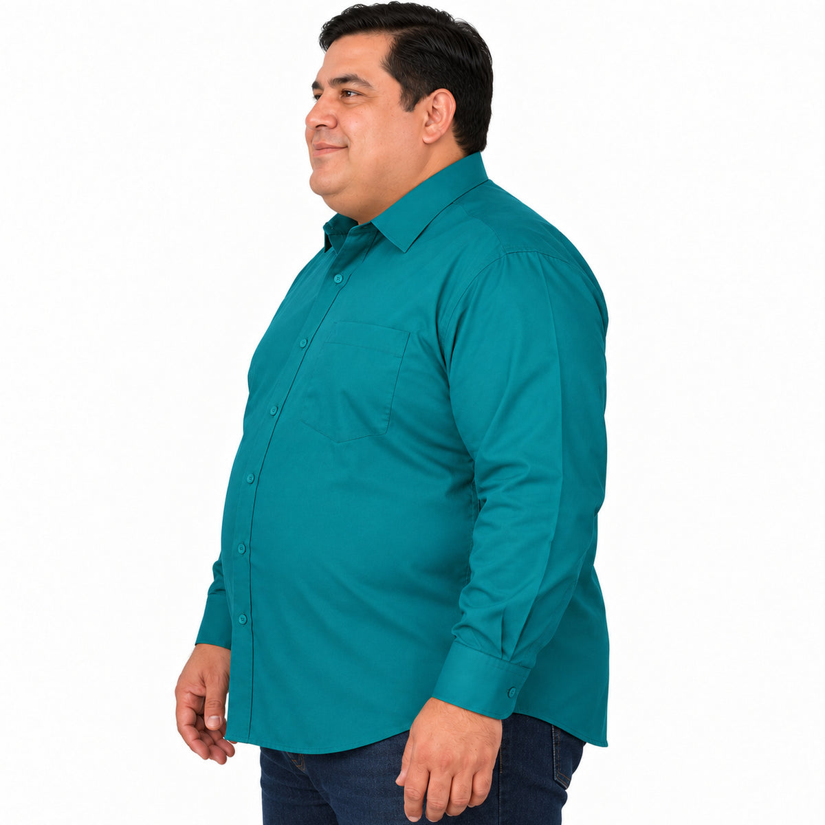 Camisa de vestir Rodolfo Valentini verde jade para hombre, tallas extras 52 a 56, perfil izquierdo desfajada con mezclilla | color:jade-rodolfo