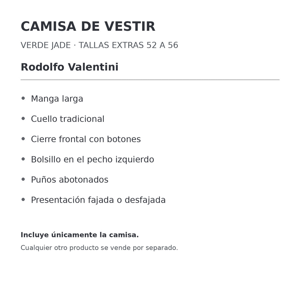 Camisa de vestir Rodolfo Valentini verde jade para hombre, tallas extras 52 a 56, ficha de características de manga, cuello y bolsillo