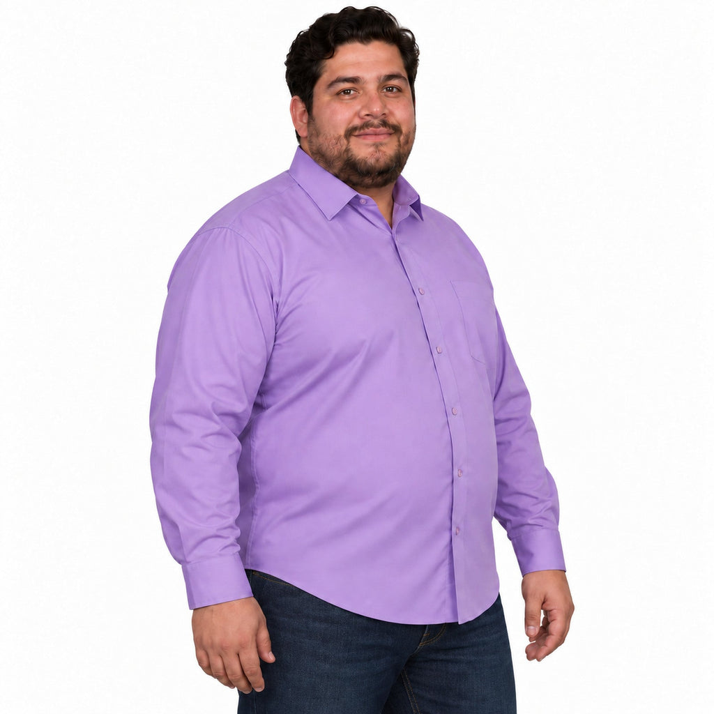 Camisa de vestir Rodolfo para hombre lila, perfil derecho desfajada con mezclilla
