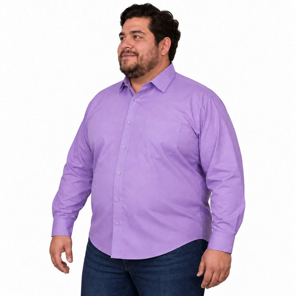 Camisa de vestir Rodolfo para hombre lila, perfil izquierdo desfajada con mezclilla