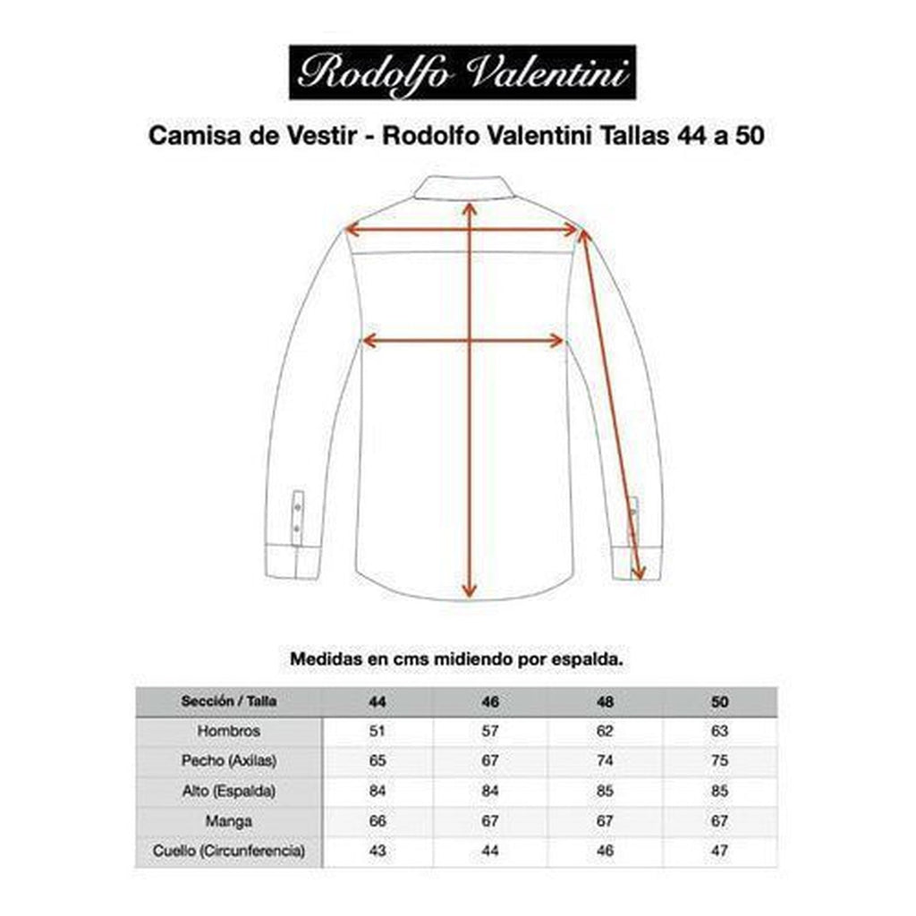 Tabla de medidas en centímetros de camisa de vestir Rodolfo para hombre, tallas 44 a 50