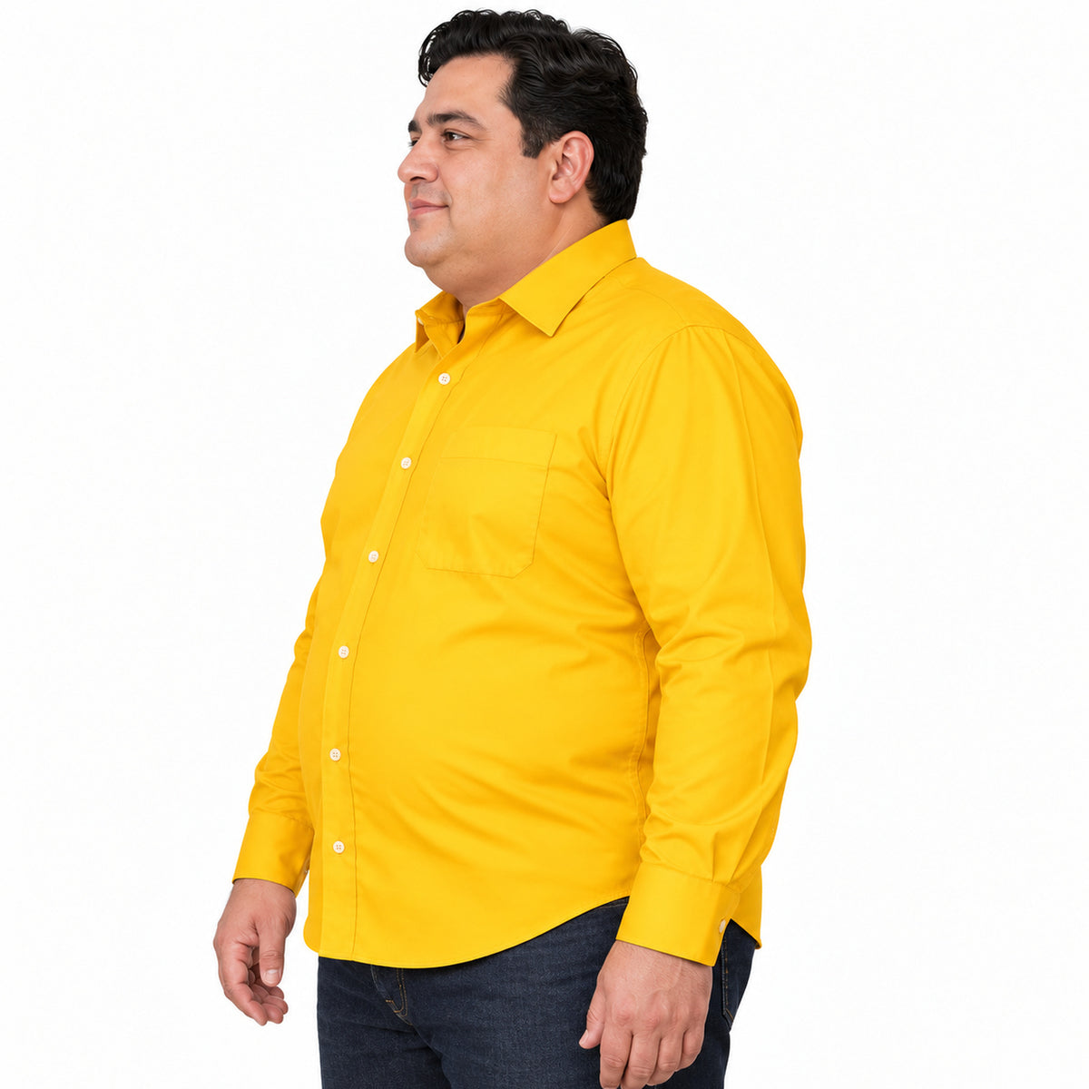 Camisa de vestir Rodolfo Valentini para hombre mango, perfil izquierdo desfajada con pantalón de mezclilla | color:mango-rodolfo