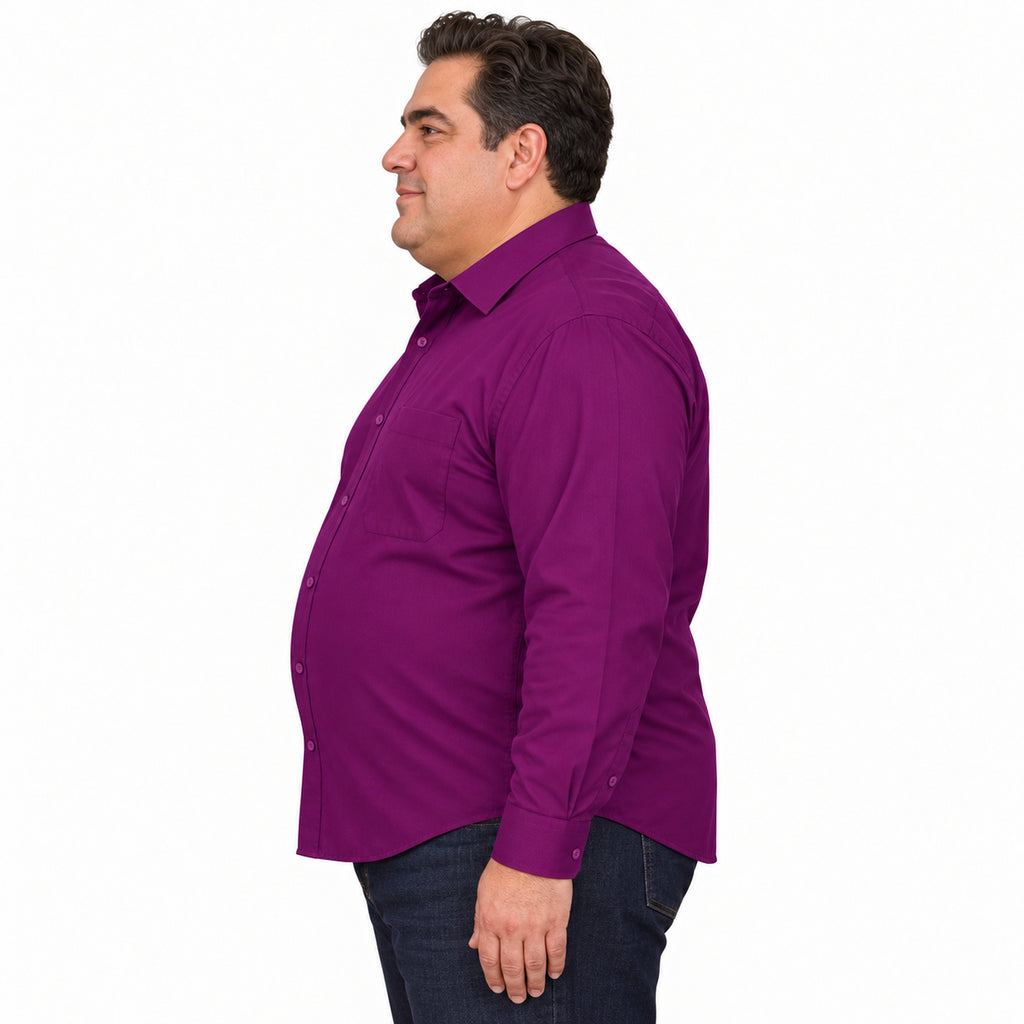 Camisa de vestir morada Rodolfo para hombre, tallas extras 44 a 50, perfil izquierdo desfajada