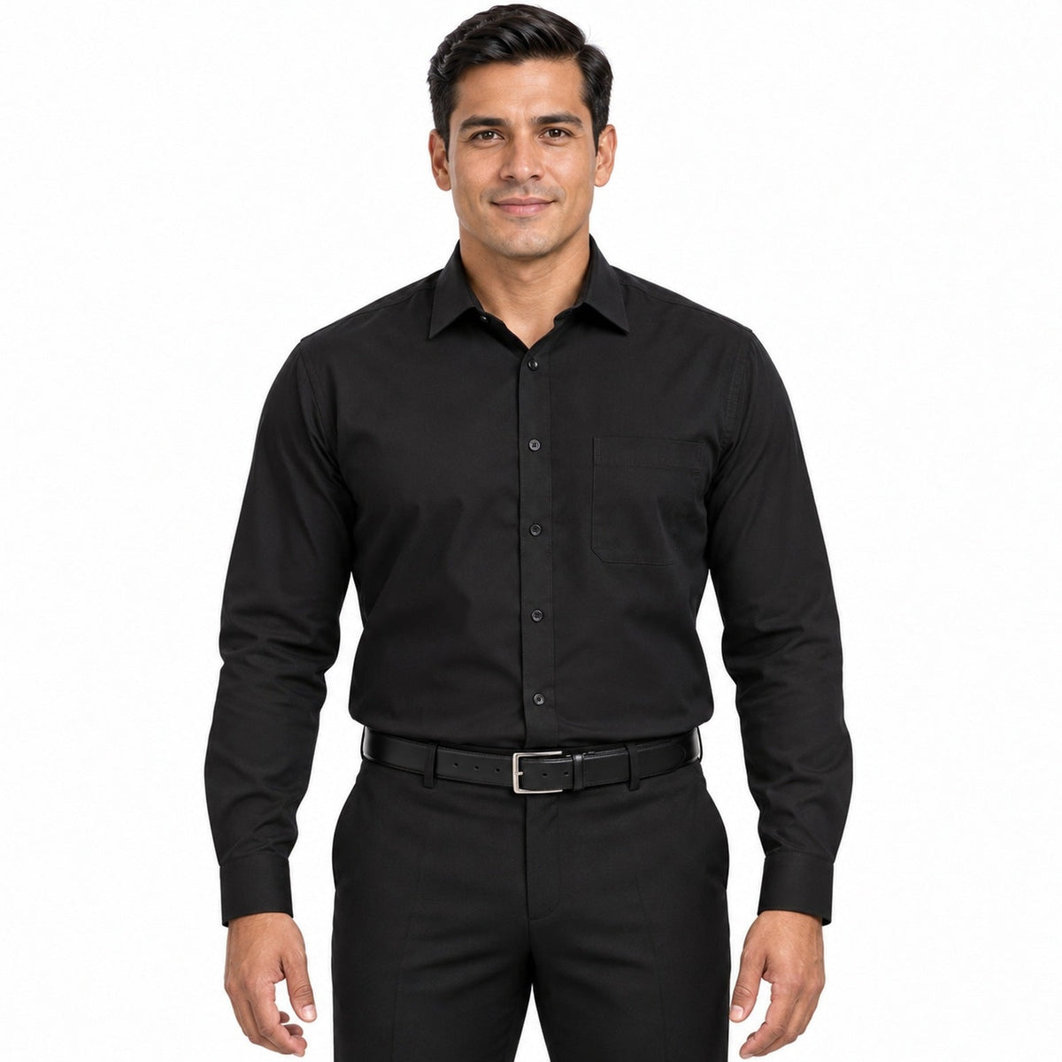 Camisa de vestir negra para hombre, frente fajada, talla 34 a 42, marca Rodolfo, manga larga y bolsillo de pecho | color:negra-rodolfo