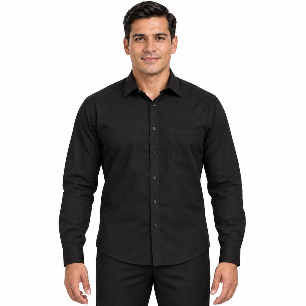 Camisa de vestir negra para hombre, frente desfajada, talla 34 a 42, marca Rodolfo, manga larga y bolsillo de pecho