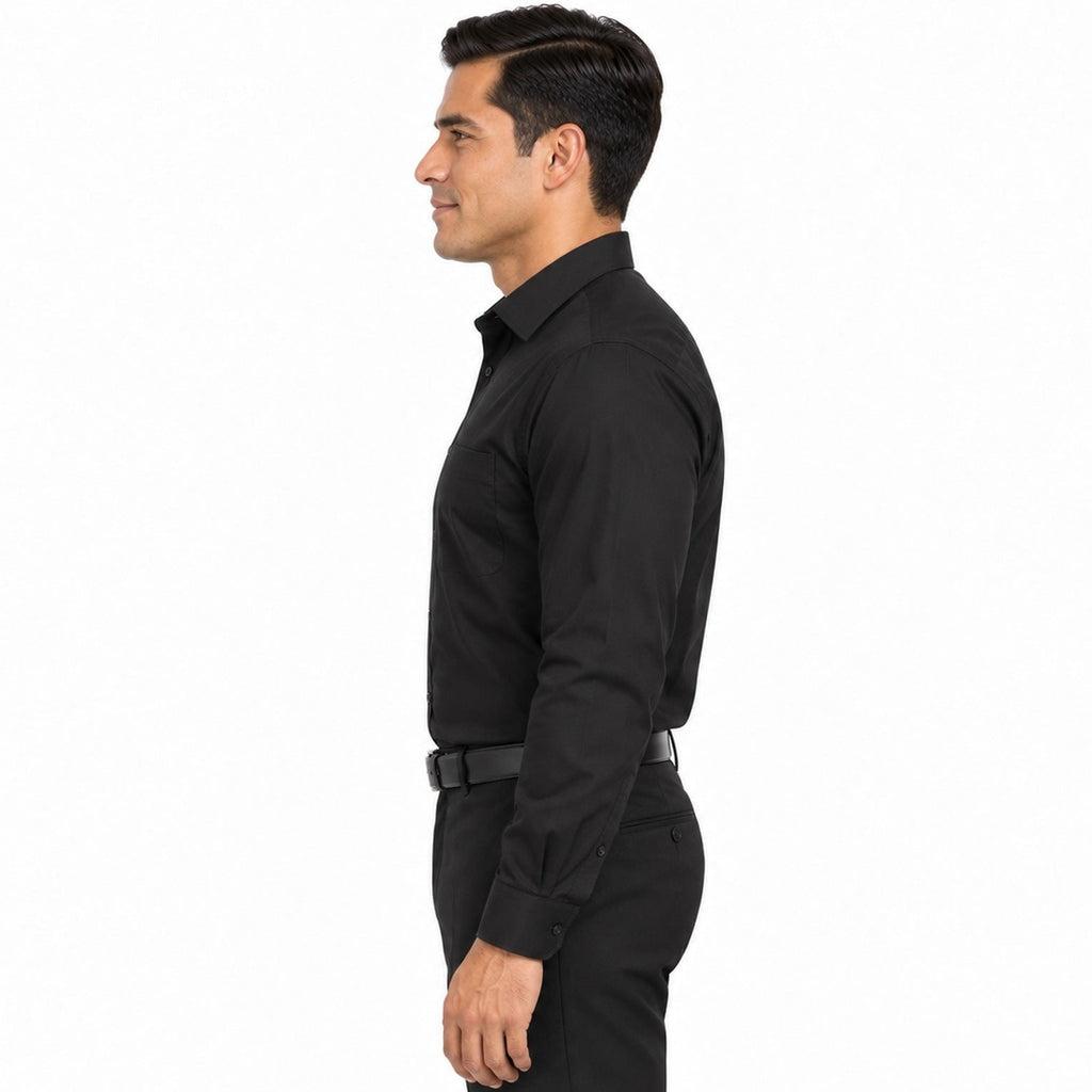 Camisa de vestir negra para hombre, perfil derecho fajada, talla 34 a 42, marca Rodolfo, manga larga y bolsillo de pecho