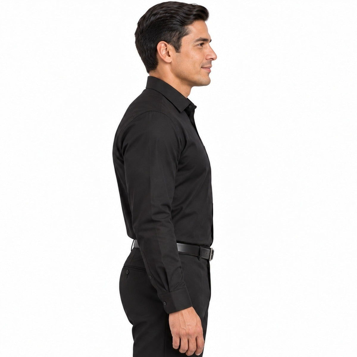 Camisa de vestir negra para hombre, perfil izquierdo fajada, talla 34 a 42, marca Rodolfo, manga larga y bolsillo de pecho | color:negra-rodolfo