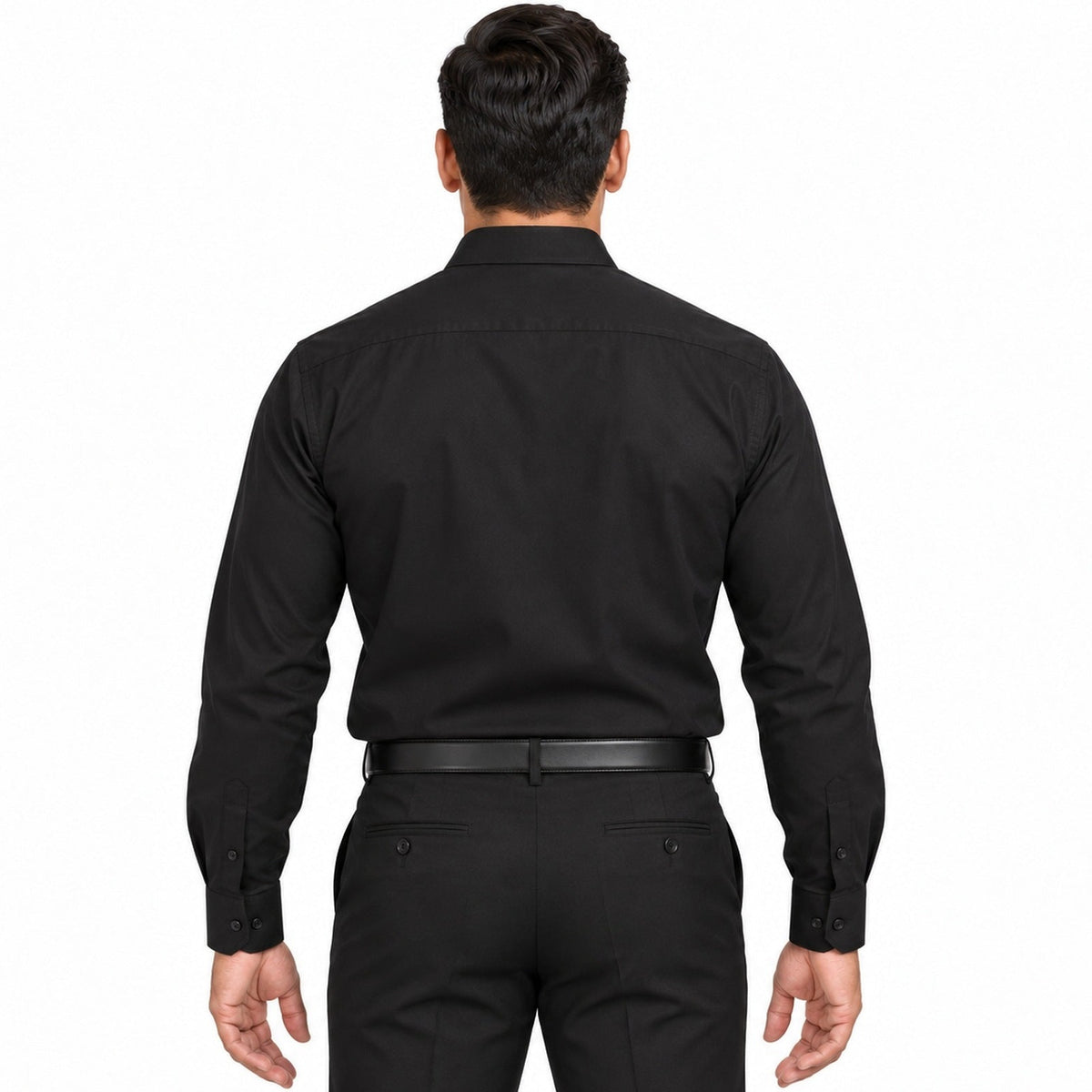 Camisa de vestir negra para hombre, espalda fajada, talla 34 a 42, marca Rodolfo, manga larga y bolsillo de pecho | color:negra-rodolfo