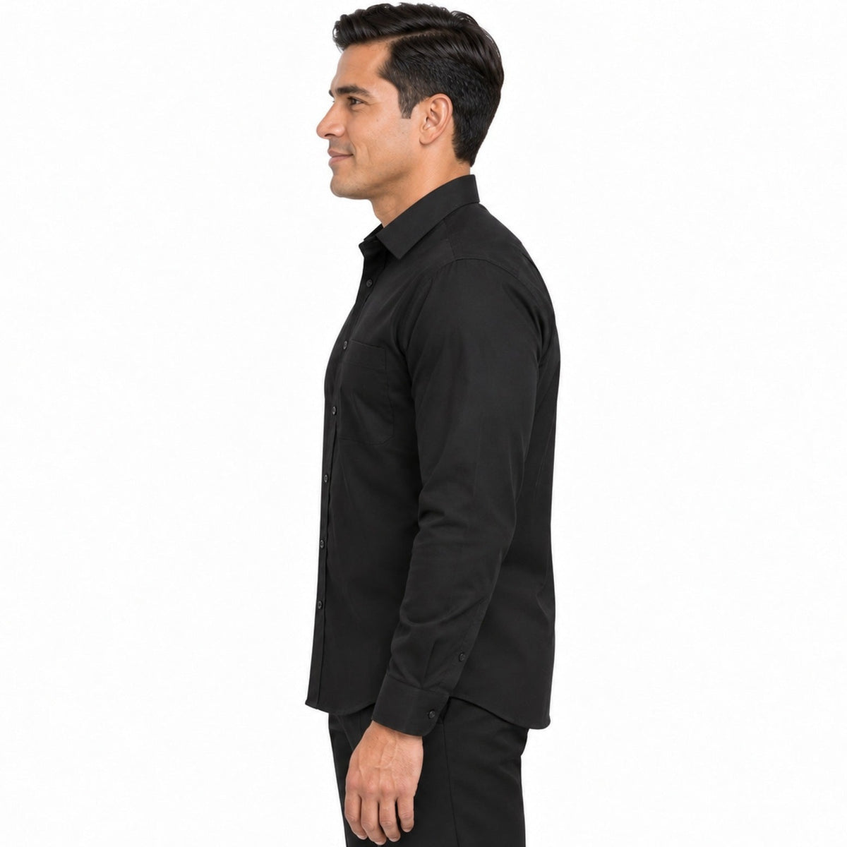 Camisa de vestir negra para hombre, perfil derecho desfajada, talla 34 a 42, marca Rodolfo, manga larga y bolsillo de pecho | color:negra-rodolfo