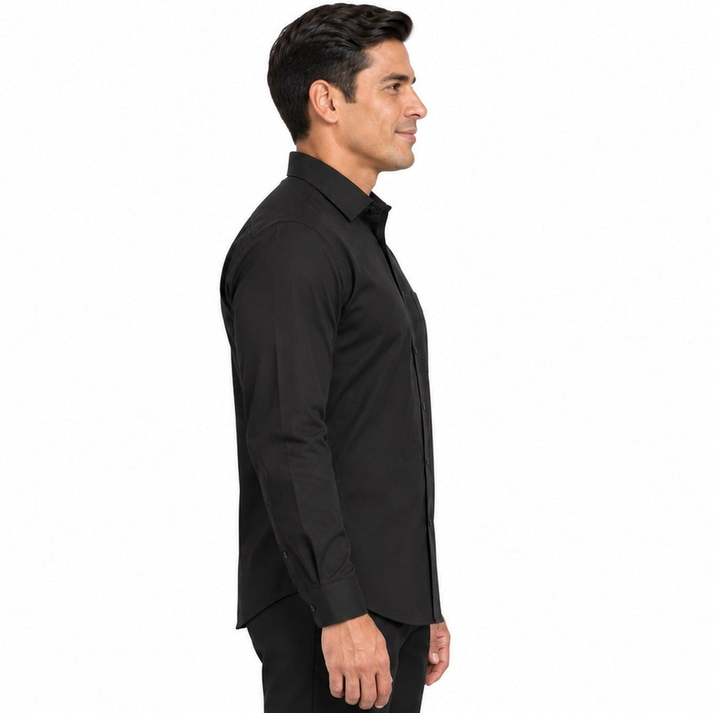 Camisa de vestir negra para hombre, perfil izquierdo desfajada, talla 34 a 42, marca Rodolfo, manga larga y bolsillo de pecho
