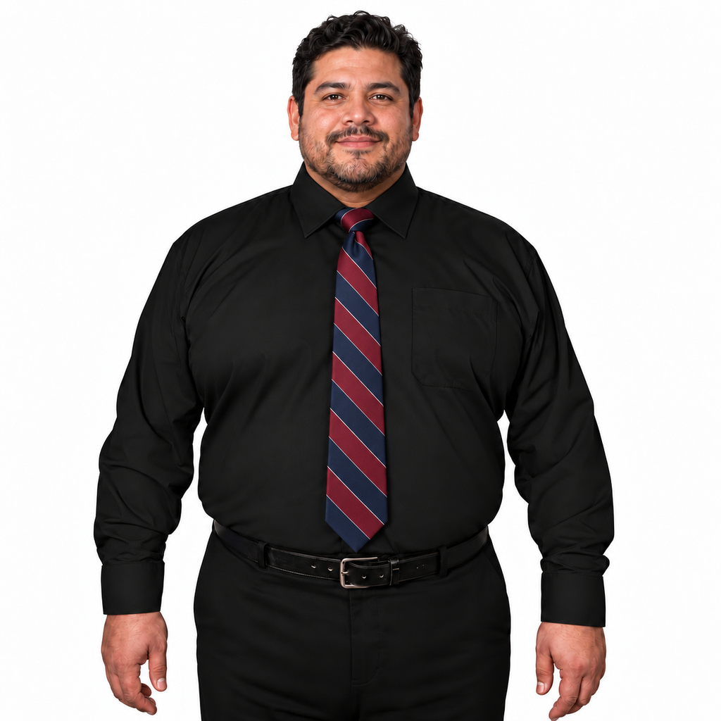 Camisa de vestir Rodolfo para hombre negra, frontal fajada con corbata diagonal azul y vino