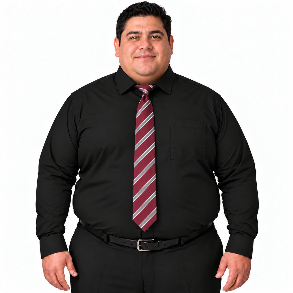 Camisa de vestir Rodolfo negra para hombre, tallas 52 a 56, frontal fajada con corbata diagonal vino y plata | color:negra-rodolfo