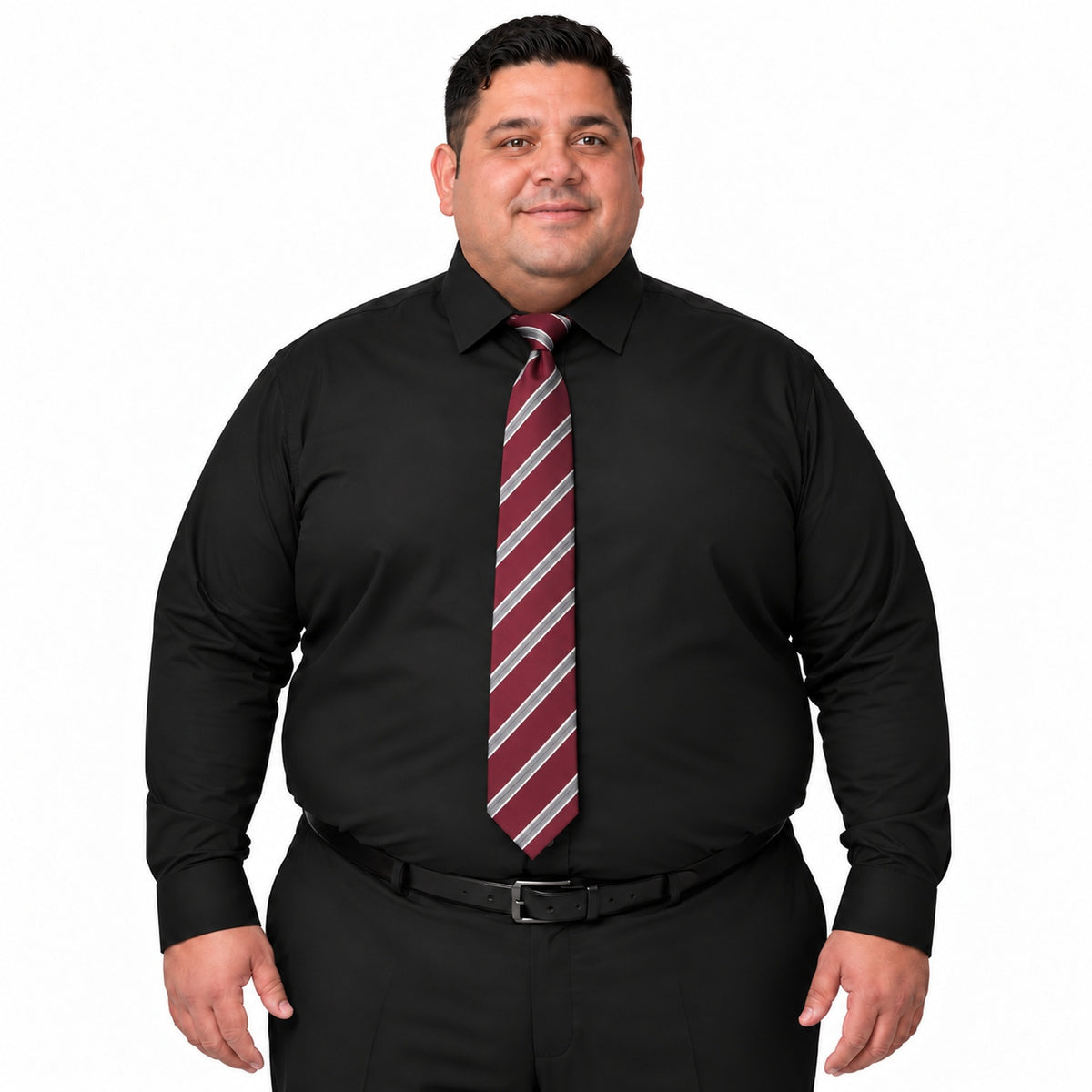 Camisa de vestir Rodolfo negra para hombre, tallas 52 a 56, frontal fajada con corbata diagonal vino y plata | color:negra-rodolfo