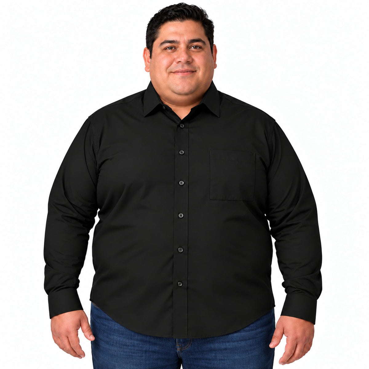 Camisa de vestir Rodolfo negra para hombre, tallas 52 a 56, frontal desfajada con mezclilla | color:negra-rodolfo