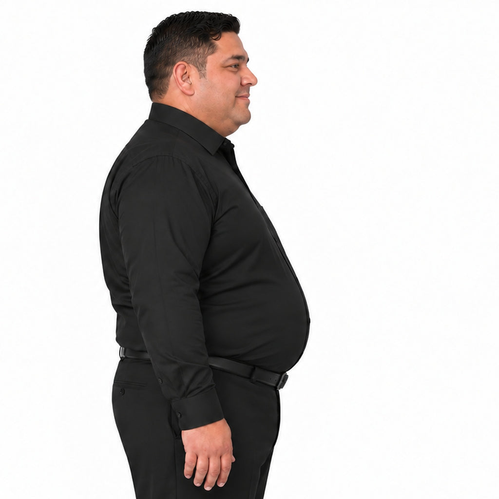 Camisa de vestir Rodolfo negra para hombre, tallas 52 a 56, perfil izquierdo fajada