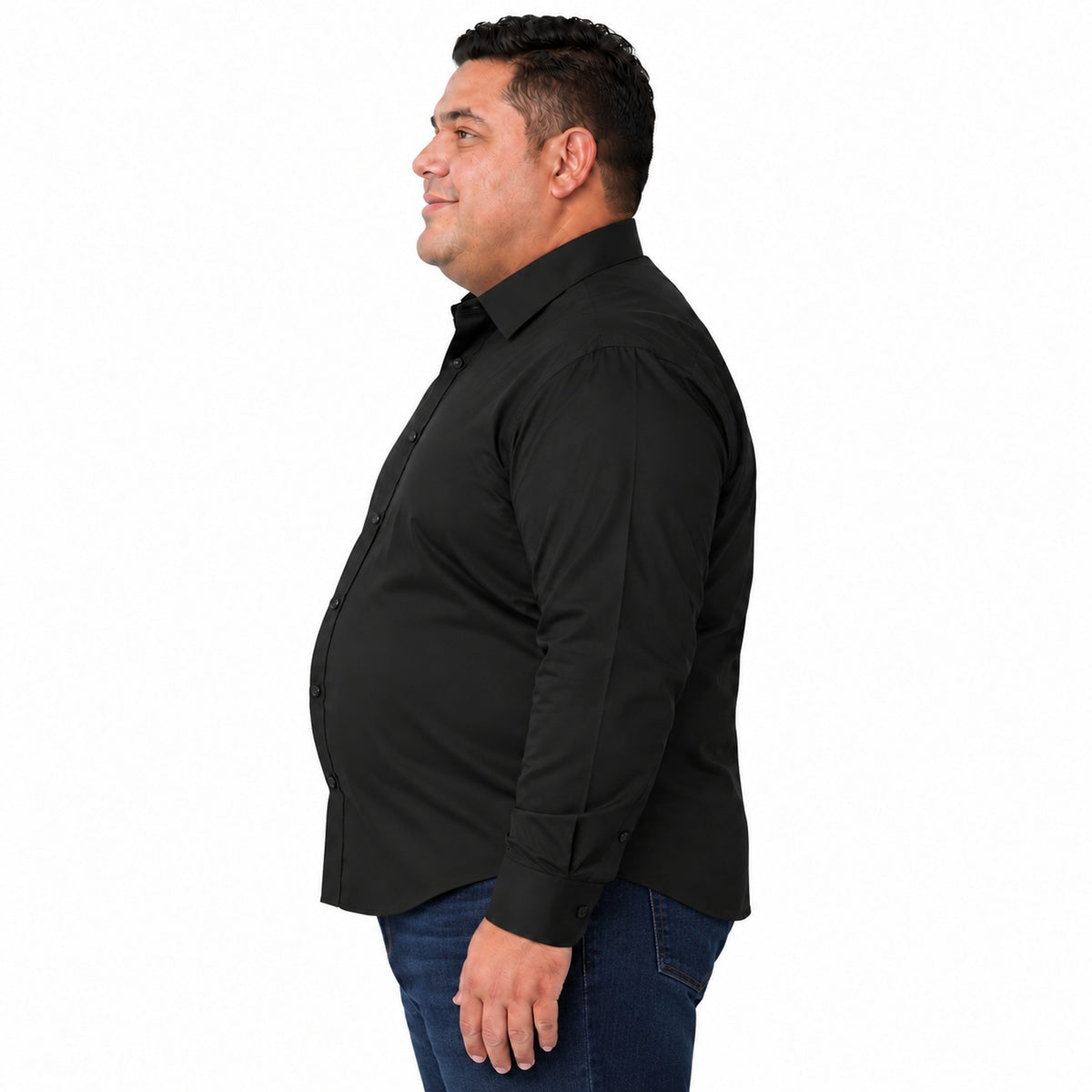 Camisa de vestir Rodolfo negra para hombre, tallas 52 a 56, perfil derecho desfajada con mezclilla | color:negra-rodolfo