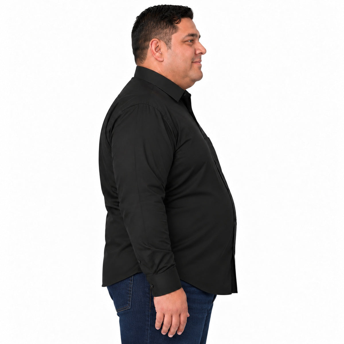 Camisa de vestir Rodolfo negra para hombre, tallas 52 a 56, perfil izquierdo desfajada con mezclilla | color:negra-rodolfo