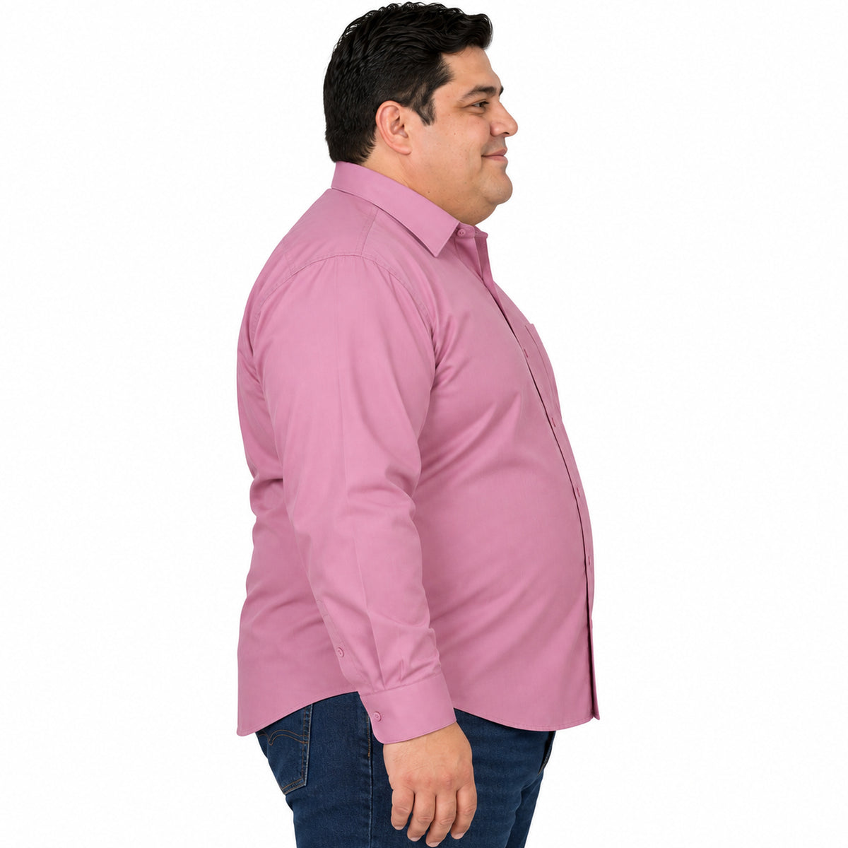 Camisa de vestir Rodolfo Valentini palo de rosa para hombre, tallas extras 52 a 56, perfil derecho desfajada con mezclilla | color:palo-de-rosa-rodolfo