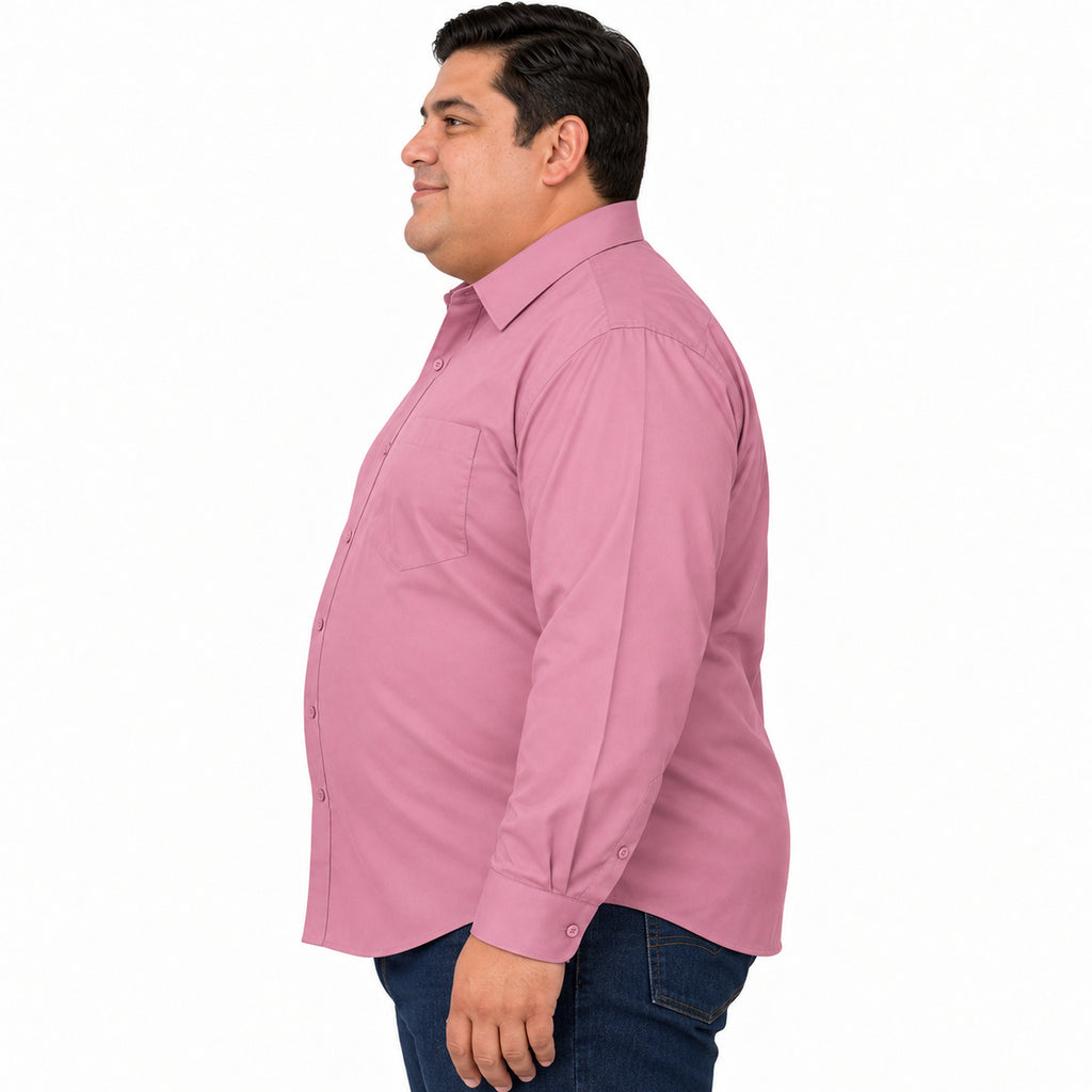 Camisa de vestir Rodolfo Valentini palo de rosa para hombre, tallas extras 52 a 56, perfil izquierdo desfajada con mezclilla