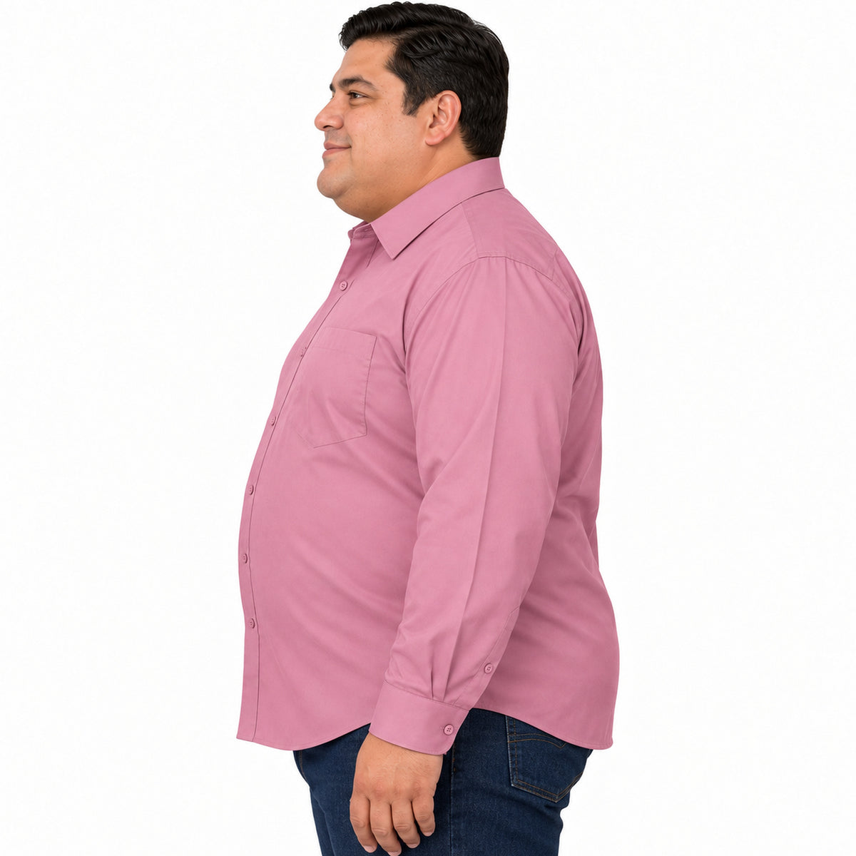 Camisa de vestir Rodolfo Valentini palo de rosa para hombre, tallas extras 52 a 56, perfil izquierdo desfajada con mezclilla | color:palo-de-rosa-rodolfo