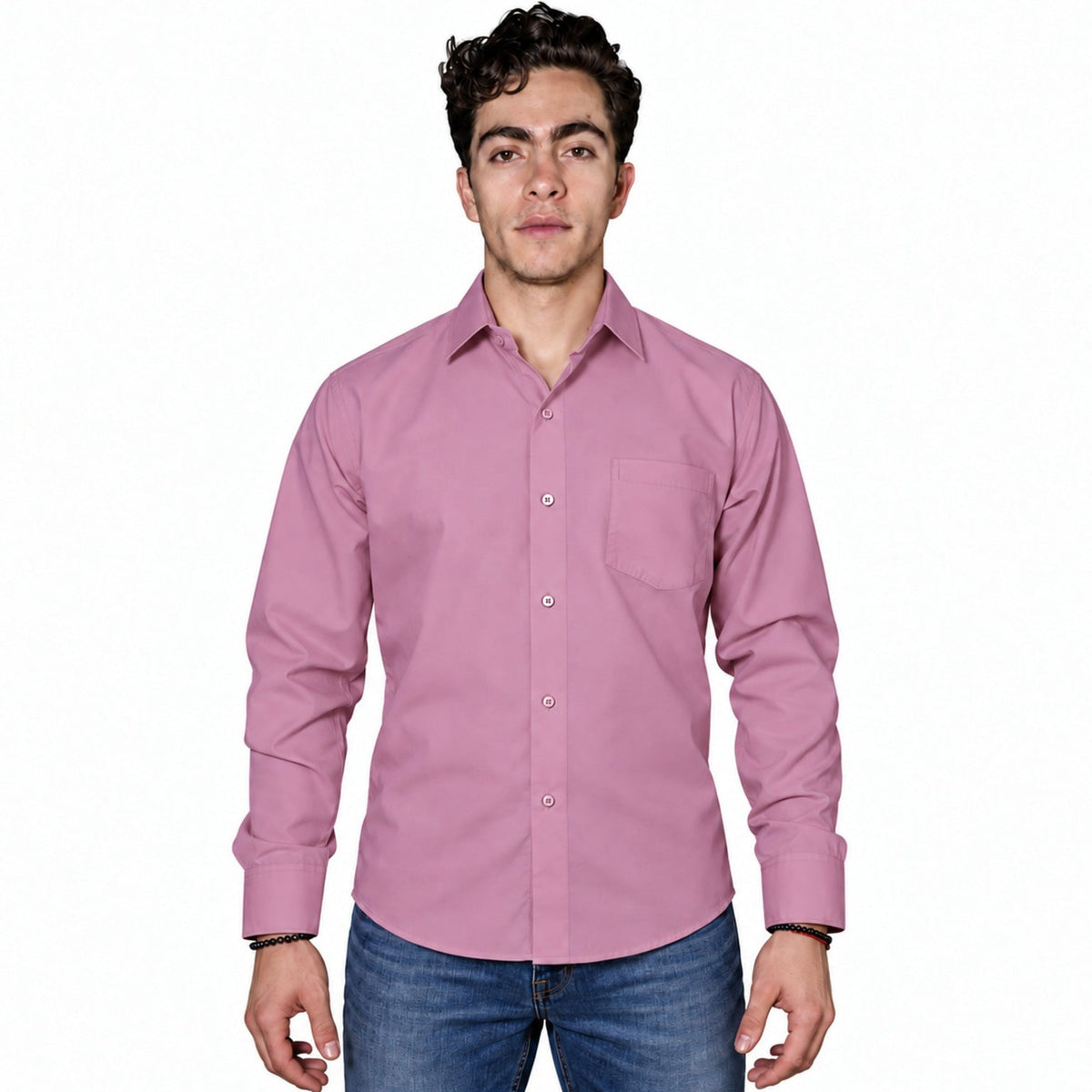 Camisa de vestir para hombre Rodolfo palo de rosa, frontal desfajada con pantalón de mezclilla | color:palo-de-rosa-rodolfo