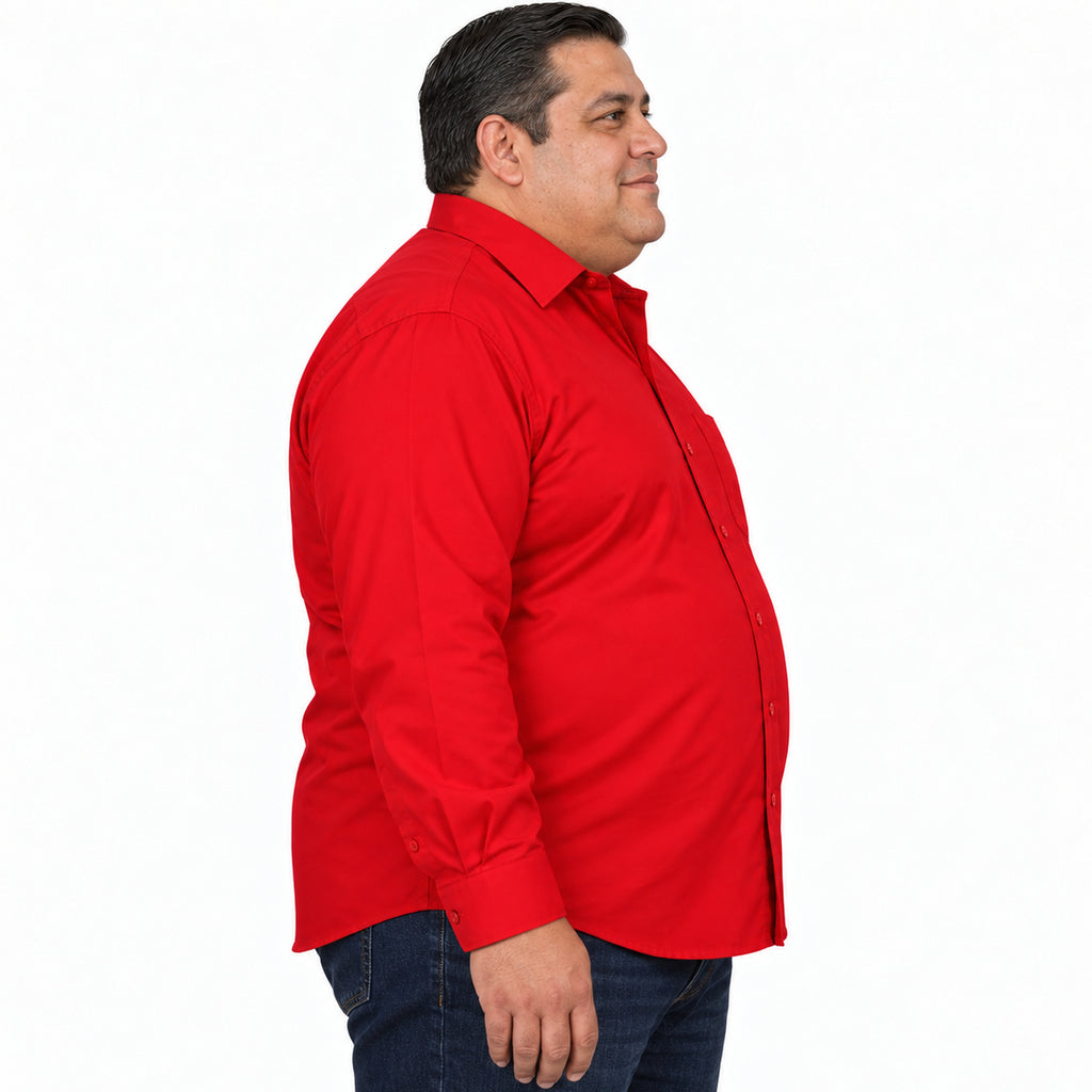 Camisa de vestir Rodolfo Valentini roja para hombre, tallas extras 52 a 56, perfil derecho desfajada con mezclilla