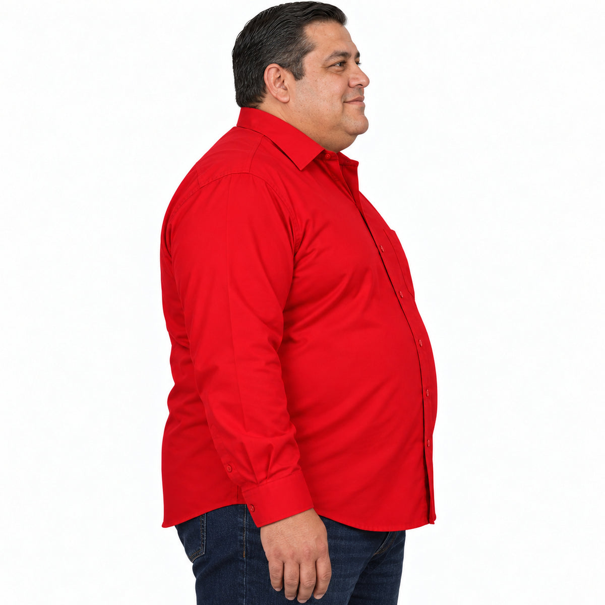 Camisa de vestir Rodolfo Valentini roja para hombre, tallas extras 52 a 56, perfil derecho desfajada con mezclilla | color:roja-rodolfo
