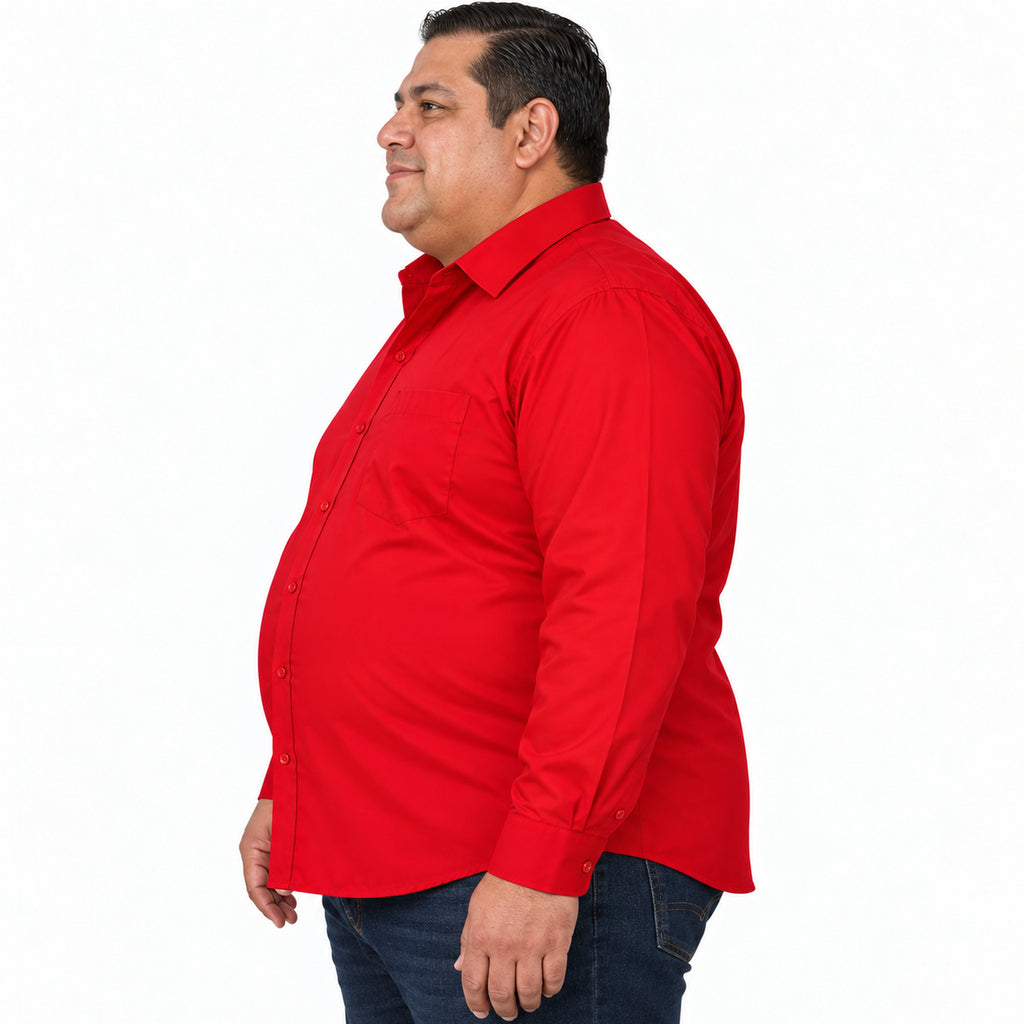 Camisa de vestir Rodolfo Valentini roja para hombre, tallas extras 52 a 56, perfil izquierdo desfajada con mezclilla