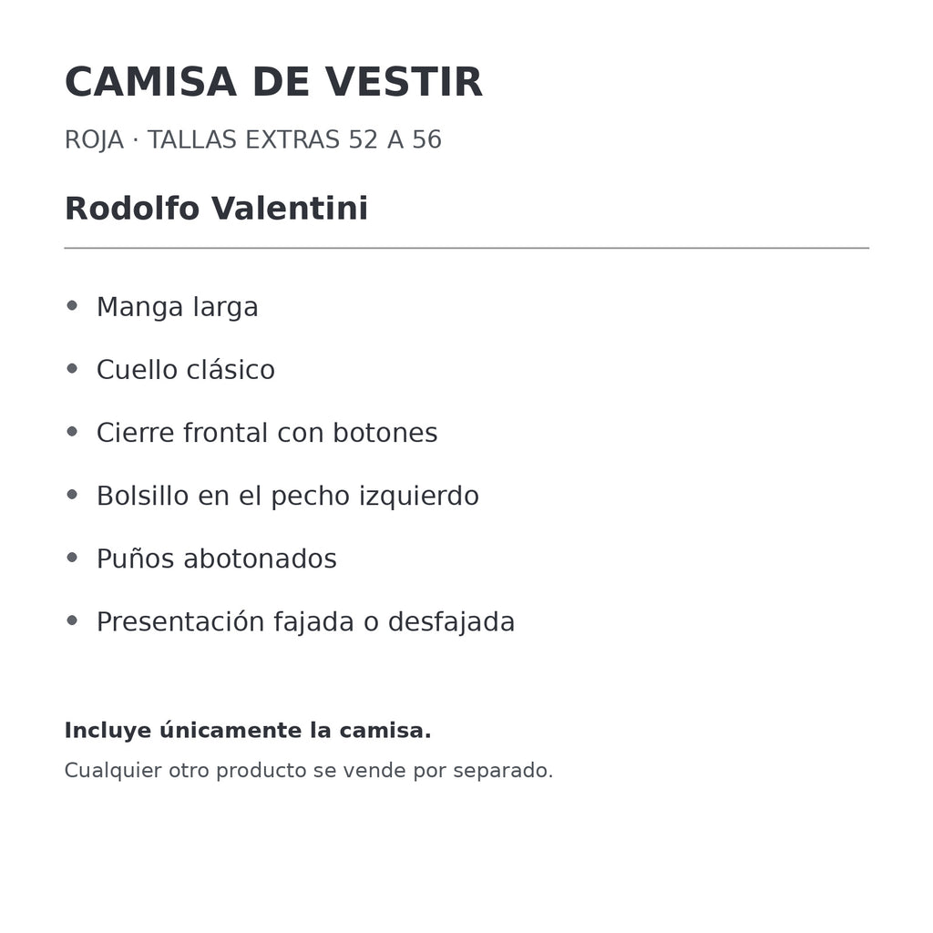 Camisa de vestir Rodolfo Valentini roja para hombre, tallas extras 52 a 56, ficha de características de manga, cuello y bolsillo