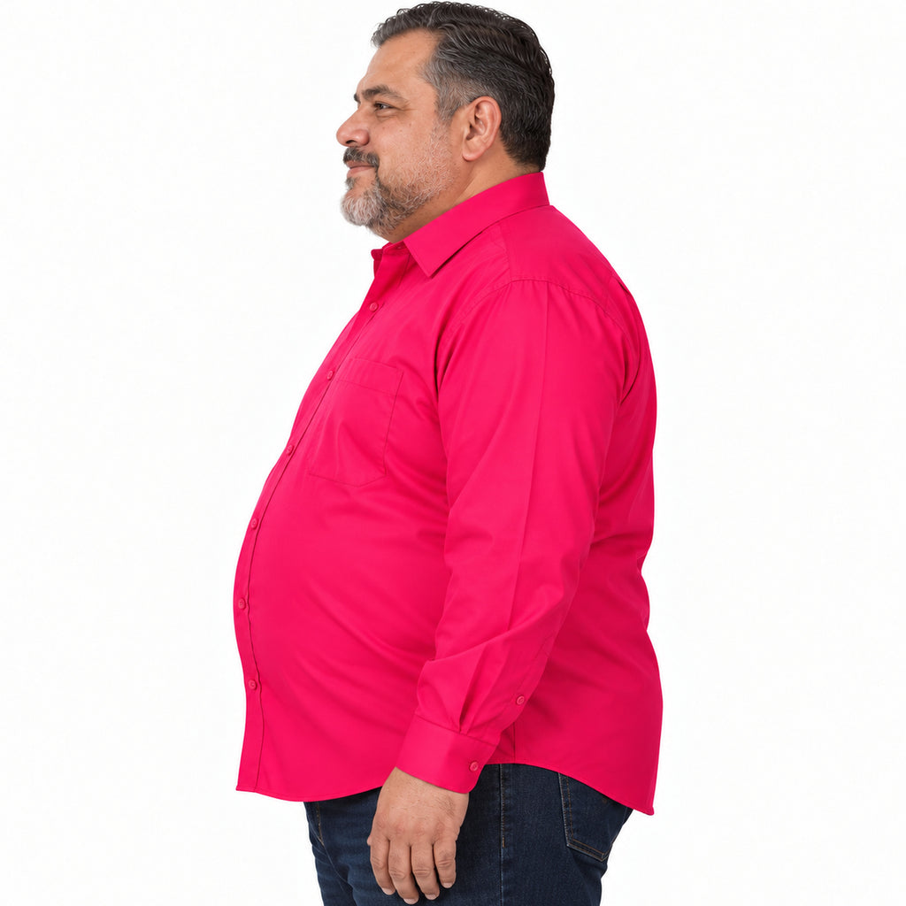 Camisa de vestir Rodolfo Valentini rosa fiusha para hombre, tallas extras 52 a 56, perfil derecho desfajada con mezclilla
