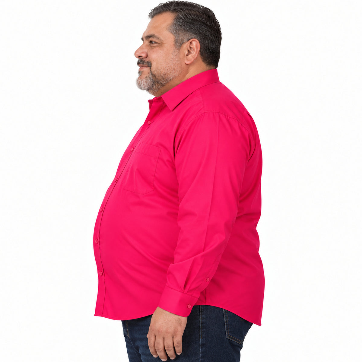 Camisa de vestir Rodolfo Valentini rosa fiusha para hombre, tallas extras 52 a 56, perfil derecho desfajada con mezclilla | color:rosa-fiusha-rodolfo