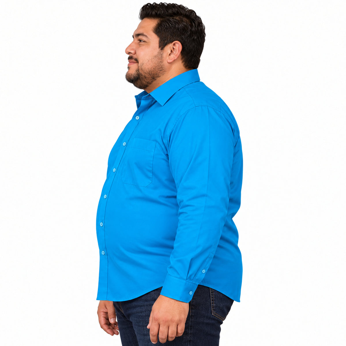 Camisa de vestir turquesa Rodolfo para hombre, tallas extras 44 a 50, perfil izquierdo desfajada | color:turquesa-rodolfo