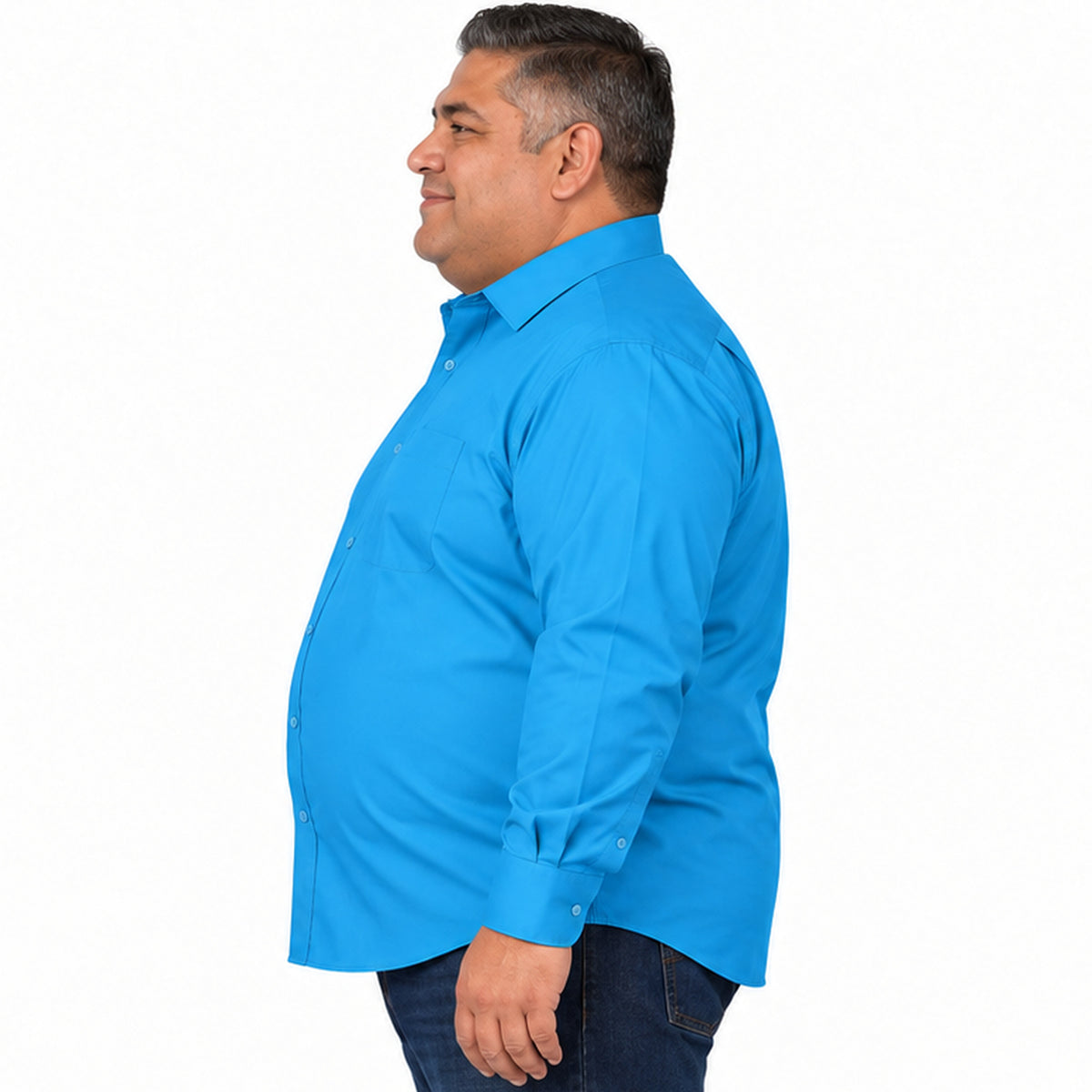 Camisa de vestir Rodolfo Valentini turquesa para hombre, tallas extras 52 a 56, perfil derecho desfajada con mezclilla | color:turquesa-rodolfo
