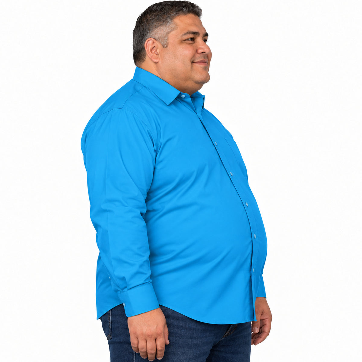 Camisa de vestir Rodolfo Valentini turquesa para hombre, tallas extras 52 a 56, perfil izquierdo desfajada con mezclilla | color:turquesa-rodolfo