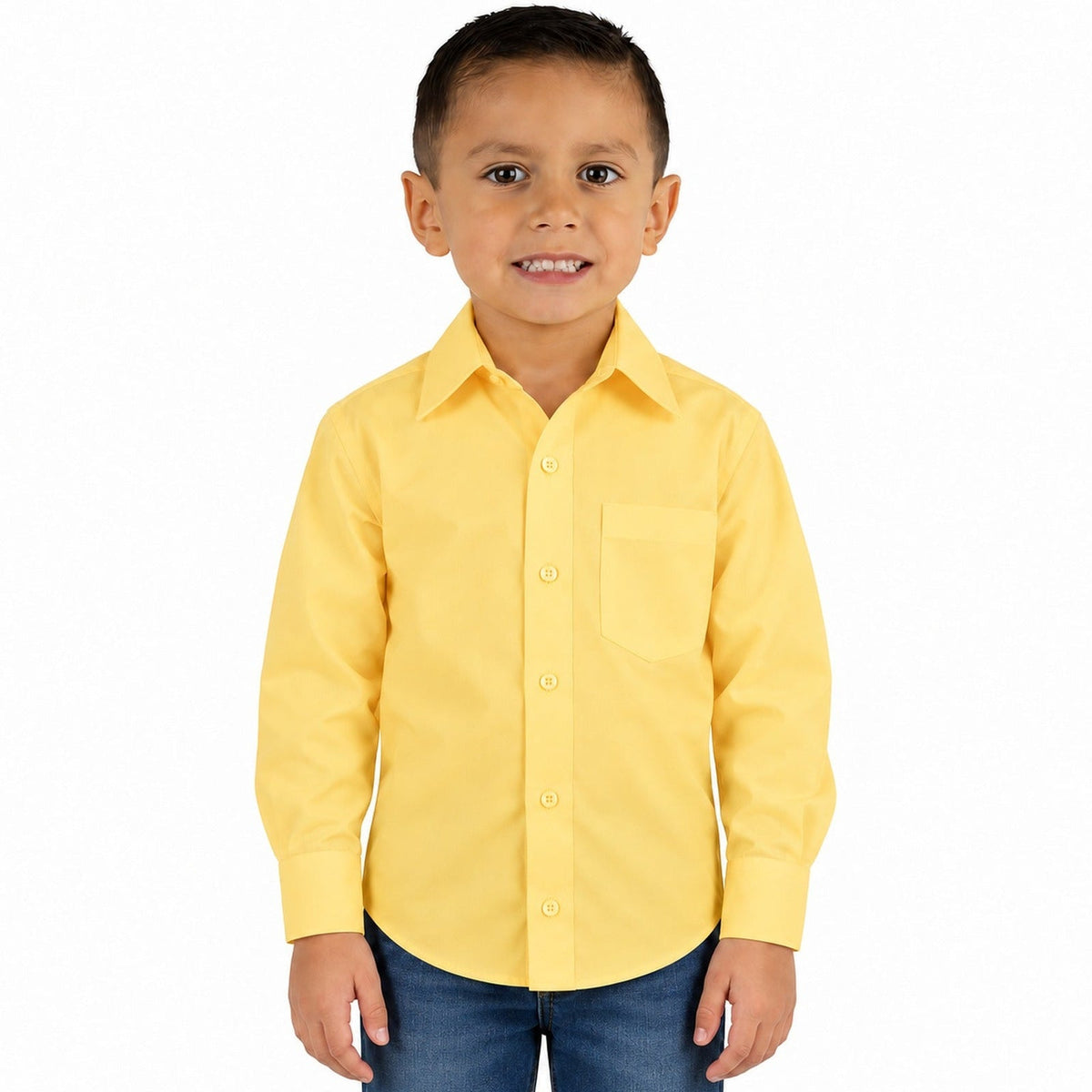 Camisa de vestir infantil amarilla Rodolfo Valentini, modelo de frente, desfajada y con pantalón de mezclilla, tallas 2 a 16 | color:amarilla-rodolfo