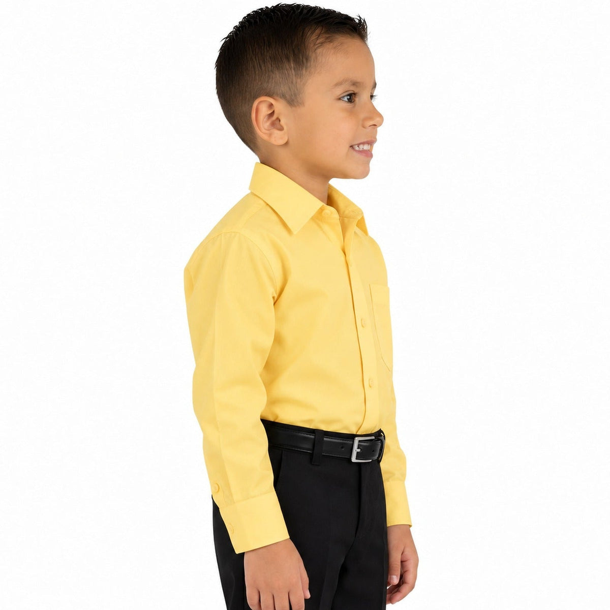 Camisa de vestir infantil amarilla Rodolfo Valentini, modelo de perfil derecho y fajada, tallas 2 a 16 | color:amarilla-rodolfo