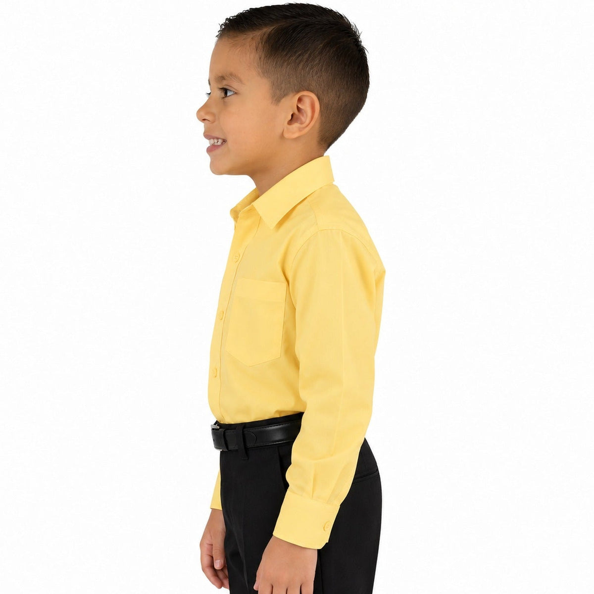 Camisa de vestir infantil amarilla Rodolfo Valentini, modelo de perfil izquierdo y fajada, tallas 2 a 16 | color:amarilla-rodolfo
