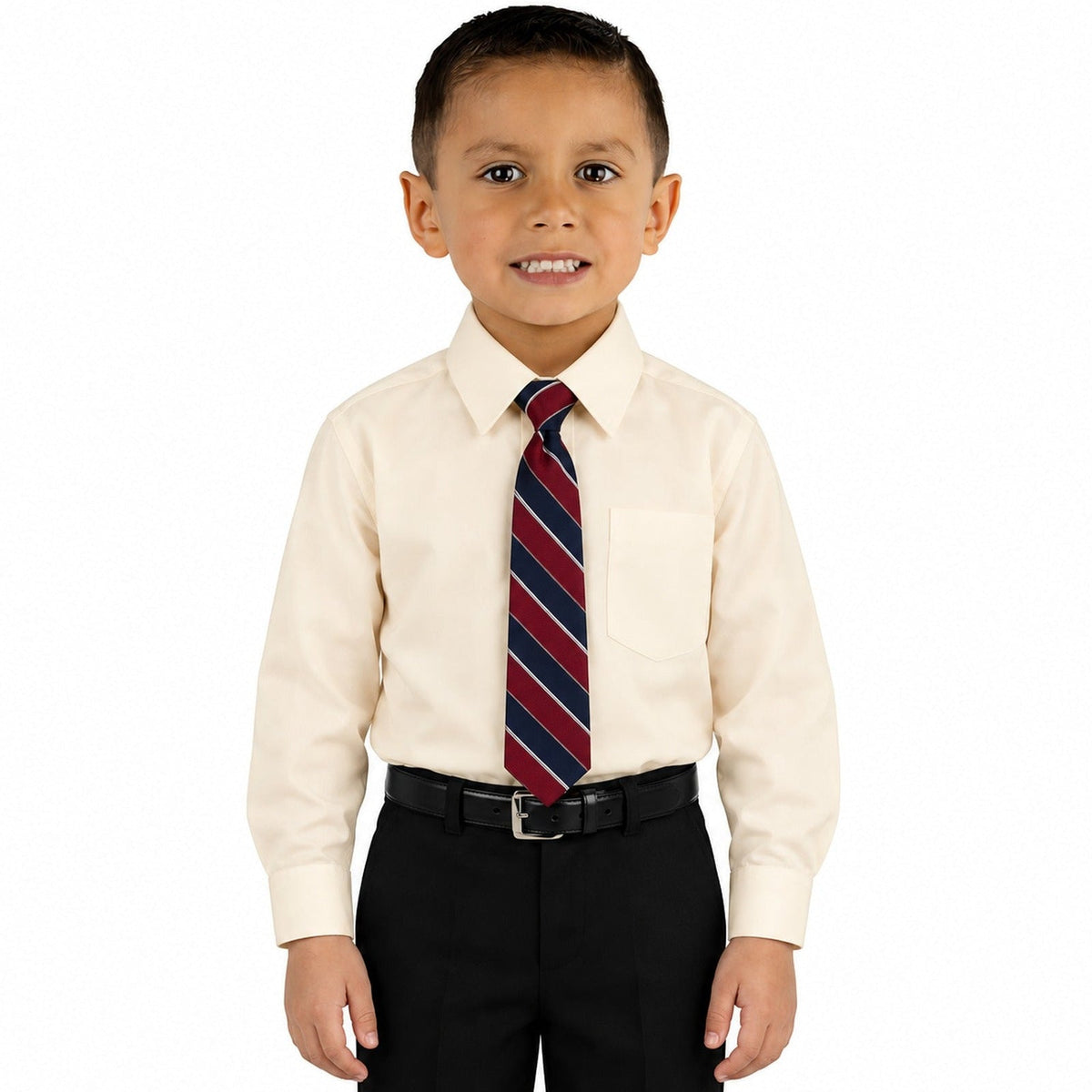 Camisa de vestir infantil beige hueso Rodolfo Valentini, modelo de frente, fajada y con corbata diagonal azul y vino, tallas 2 a 16 | color:beige-o-hueso-rodolfo