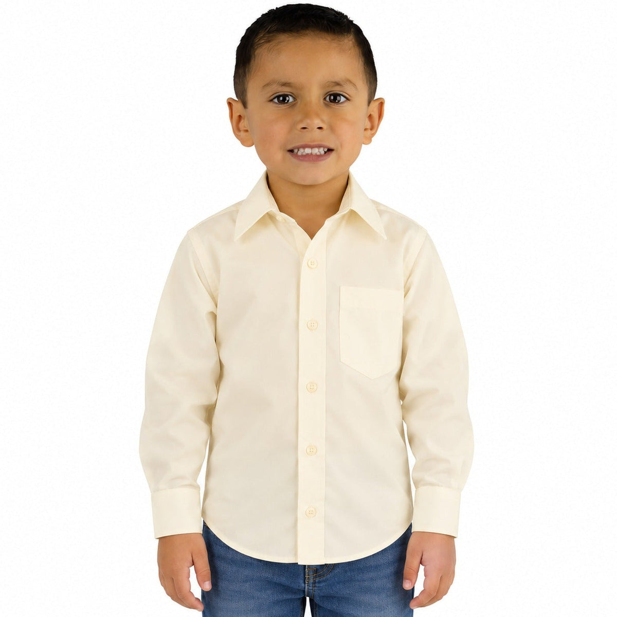 Camisa de vestir infantil beige hueso Rodolfo Valentini, modelo de frente, desfajada y con pantalón de mezclilla, tallas 2 a 16 | color:beige-o-hueso-rodolfo